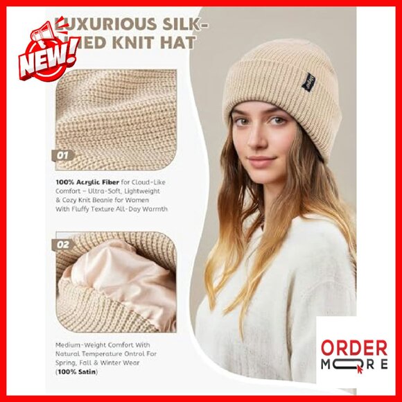 Satin Lined Winter Beanies 3-Pack, Warm Cable Knit Skull Caps - Picture 4 of 8